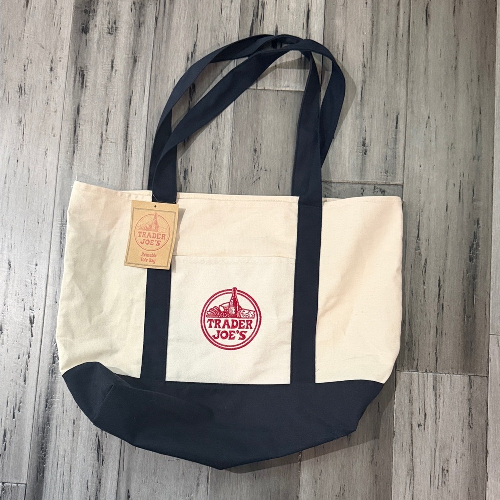 Trader Joe's Cream and Black Canvas Tote Bag